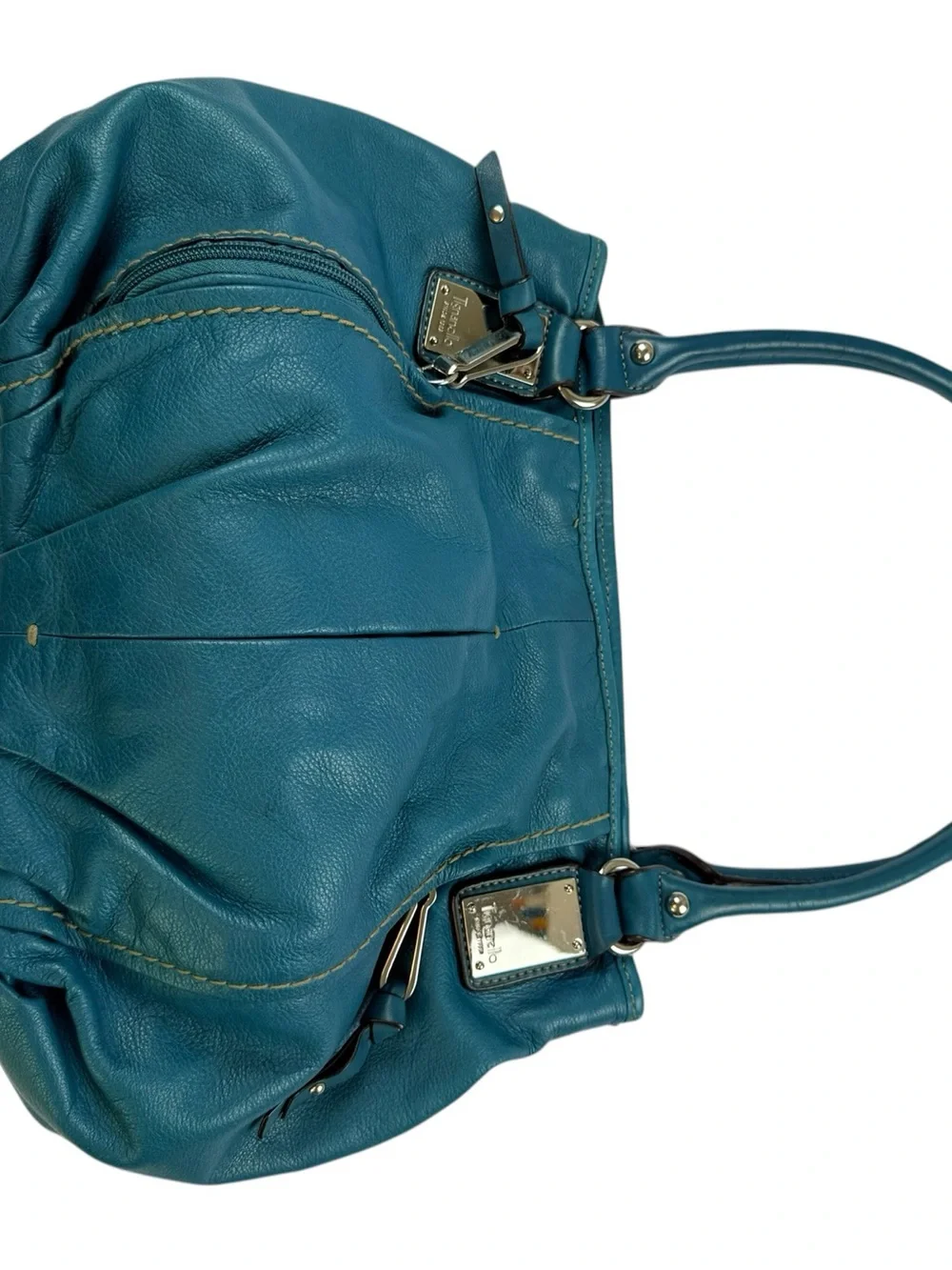 Tignanello Teal Blue Leather Shoulder Bag Silver Hardware Large Hobo Purse